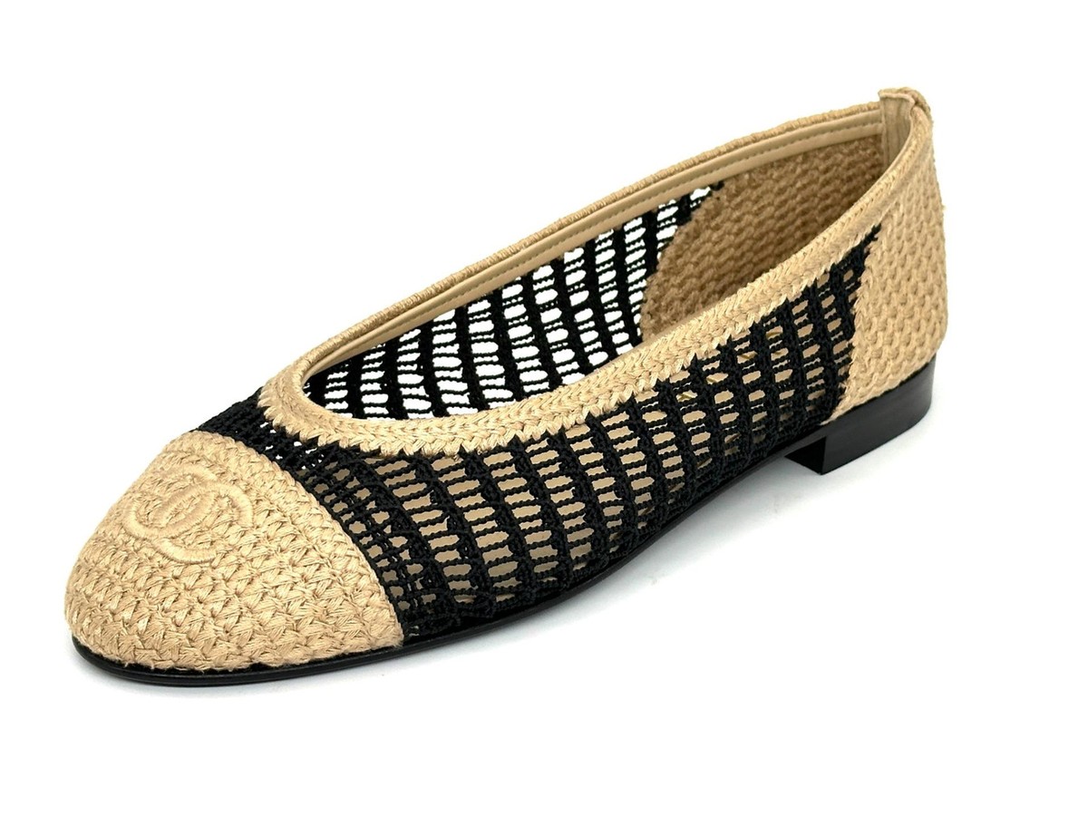CHANEL 25P CC Raffia Crochet Woven Two Tone Cap Toe Ballerina