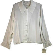 80s Susan Bristol Size 16 Pleated Collar Blouse Long Puff Sleeves Flowy Romantic