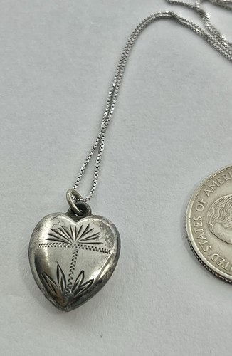 Vintage Puffy Heart Engraved Blooming Flower Design Sterling Pendant Necklace