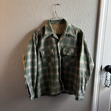 Shadow Plaid Green Vintage Loop Collar Wool Shirt New Era 1950  s Shirt Rare