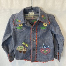 Vintage 70s Embroidered Child's Demin Shirt, Crafty, Whimsical, Toddler, Blue 2T