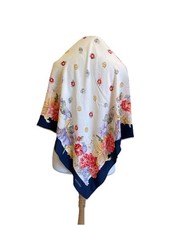 AS8 Valentino Silk Scarf Floral Print Navy Blue Ivory Vintage Square Made France