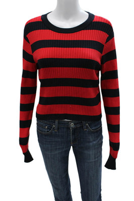 Milly Women Striped Viscose Crew Neck Long Sleeve Pullover Sweater Red Size S