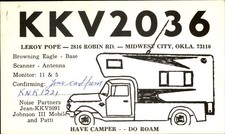 KKV2036 Leroy Pope QSL Card Midwest City Oklahoma camion camper radio CB anni 70