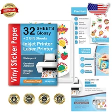 Vinyl Sticker Paper 32 Sheets Glossy Waterproof Inkjet Laser Printer