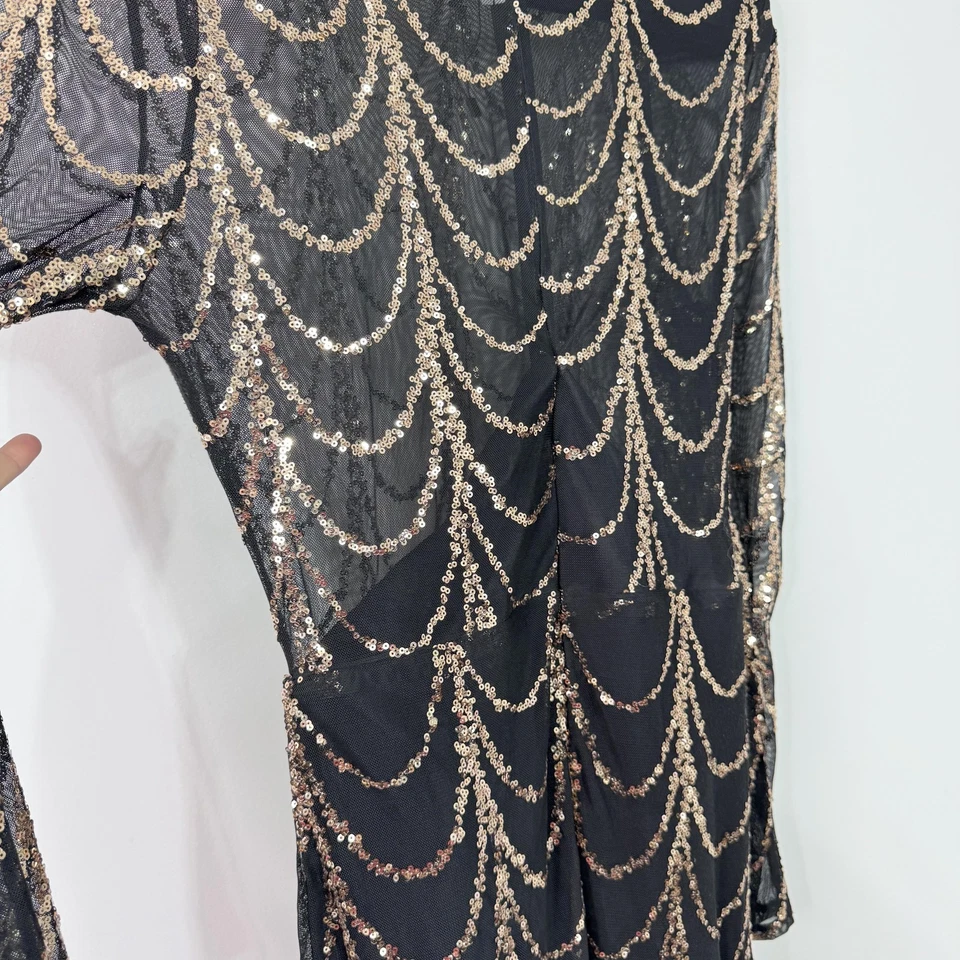 Vestido Miss Ord Mujer Pequeño Negro Lentejuelas Malla Maxi Vestido Manga Larga Formal Gala Foto 4 de 4