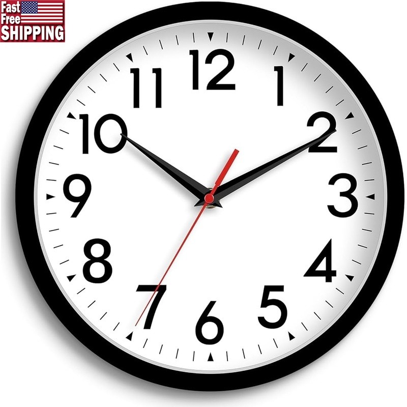 Large Silent Wall Clock Easy to Read Battery Operated Quartz Durable Home Office