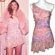 LoveShackFancy Zietta Dusty Amethyst Floral Paisley Velvet One Shoulder Mini