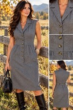Vintage Traina New York Gray Wool Button Front Midi Dress Size 12 USA Made