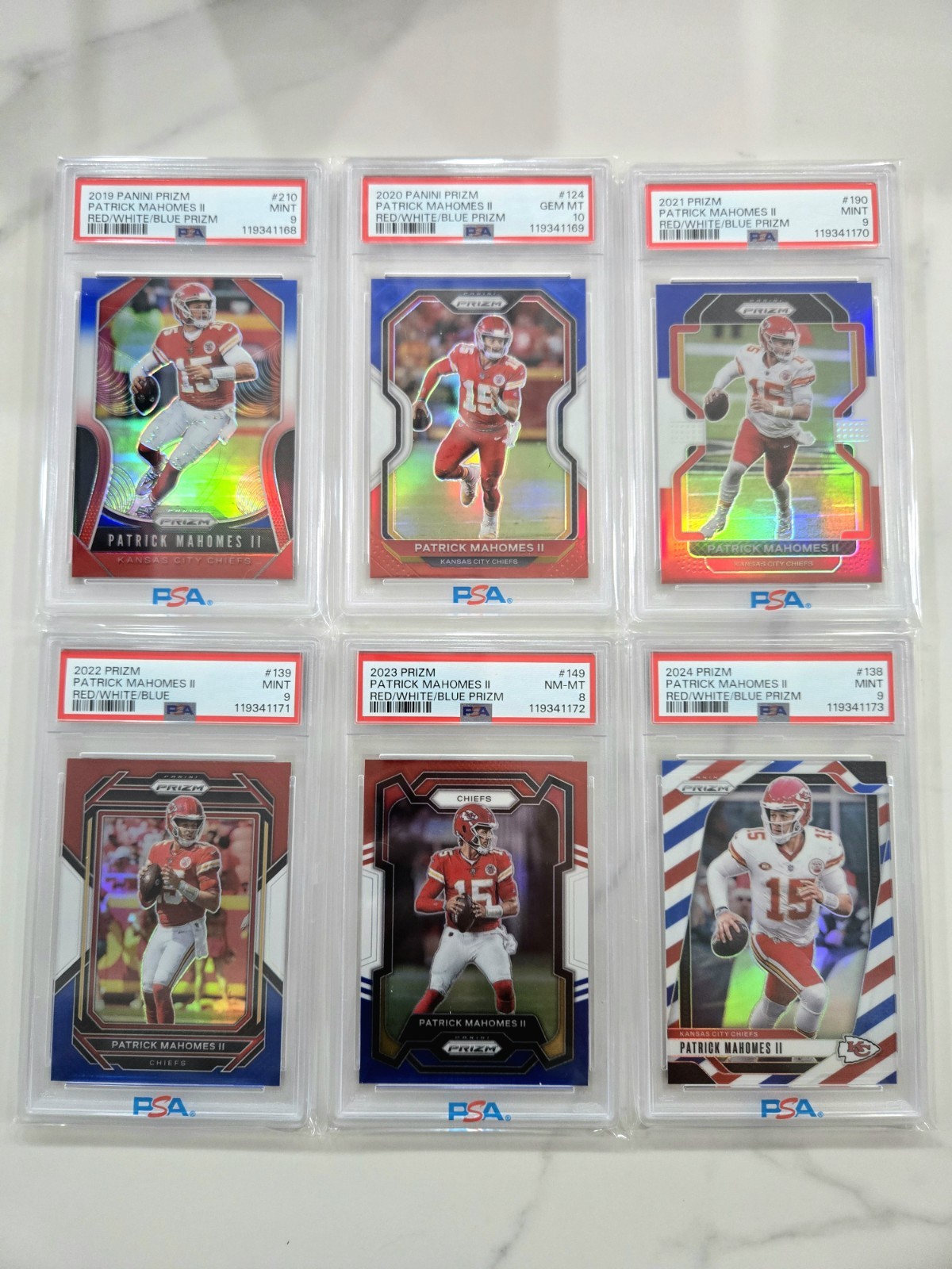 2019-2024 Panini RWB Prizm Patrick Mahomes PSA 10, 9 & 8 Sequential Lot Of (6)