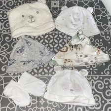 Neutral Baby Hat Bundle x 5 plus a pair of scratch mittens including Disney  