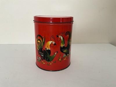 Collectible Vintage Red Rooster Cylinder Canister Tin , Farm Decor , 1960 s