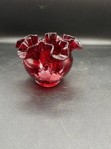 Vtg Fenton Glass Ruffled Rose Bowl Vase Red White Hand Paint Flowers Signed Glow