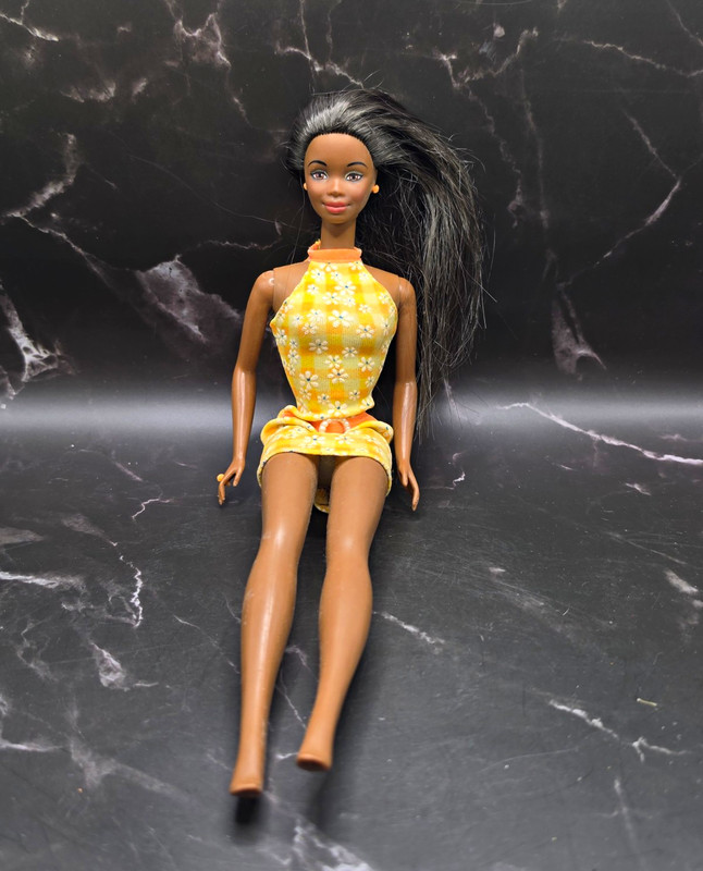 Mattel Barbie Fashion Doll 11in Black Straight Hair Brown Eyes Yellow Dress