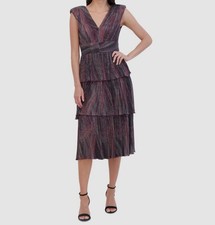 Vince Camuto Women's Red Crinkled Metallic-Knit Tiered Midi Dress Size 10