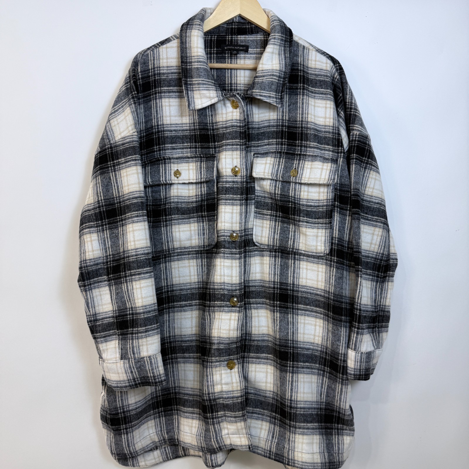 Banana Republic Plaid Flannel Shirt Jacket Shacket Womens XXL Black Cream Long