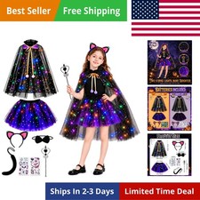 Girls Black Cat Costume for Ages 3-8, Light Up Halloween Costume