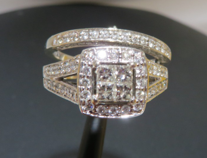 14K WG PRINCESS CUT & ROUND DIAMOND HALO BRIDAL SET 1.00 ct SZ 8.5 7.10g(AI-3124
