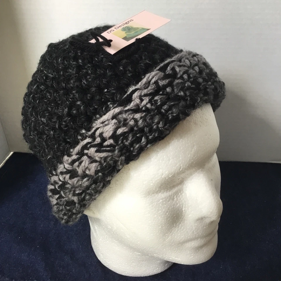 Gorro de invierno hecho a mano negro y gris, NUEVO, mezcla de lana Foto 2 de 4