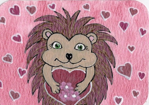 ACEO Original Painting, Hedgehog with heart by Kookeyartzllc
