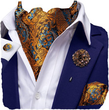 Silk Ascot for Men Self Tie Men's Cravat and Flower Lapel Pin Handkerchief Cuffl