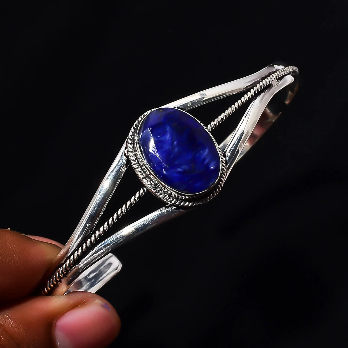 Blue Quartz Gemstone 925 Sterling Silver Handmade Bangle Jewelry Gift For Love