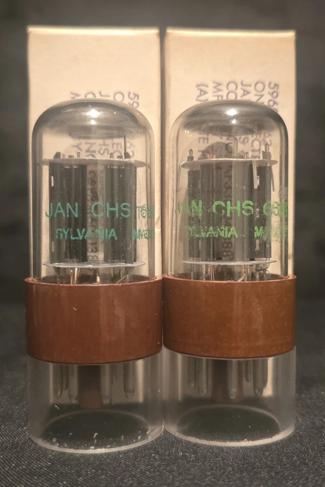 SYLVANIA 6SN7 GTA JAN CHS CHROME TOPPED HALOS BROWN BASE PERFECT MATCHED SET NIB - Image 2 of 4