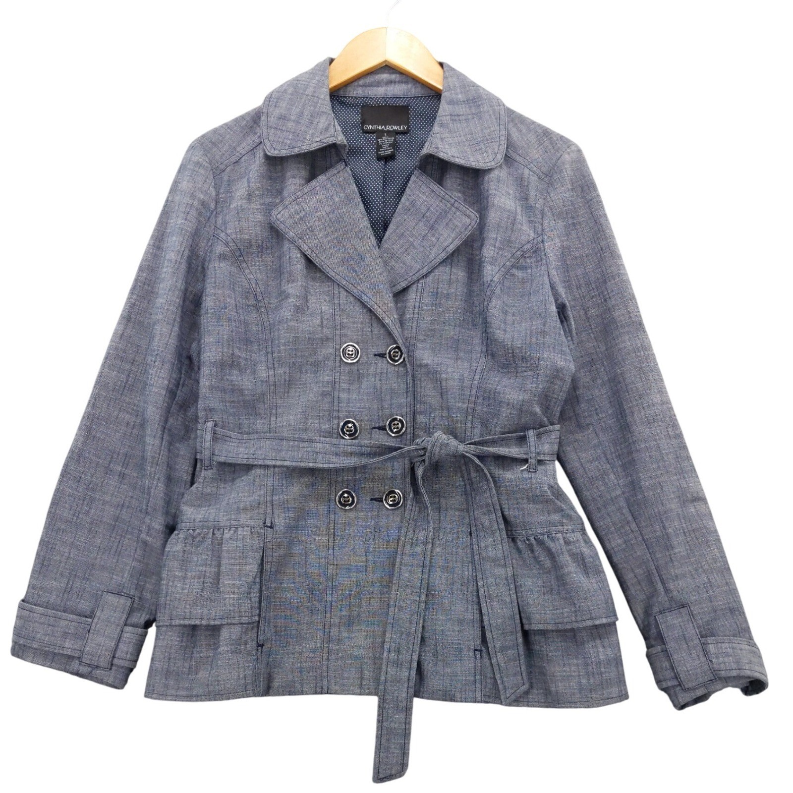 Cynthia Rowley Blue Belted Trench Coat Ruffle Hem Womens Size L
