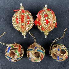 Vintage Beaded Sequins Push Pin Christmas Ornament MCM Beautiful Set Of 2 