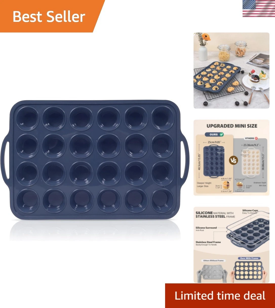Mini Silicone Muffin Pan with Metal Frame, Non Stick Silicone Cupcake Pan wit...