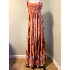 Forever 21 brown Floral Tiered Maxi Dress Tie Boho Festival M fairy whimsiGoth