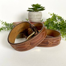 VTG Size 36 Alcala Western Brown Leather Belt Embossed - White Stitching - 55607