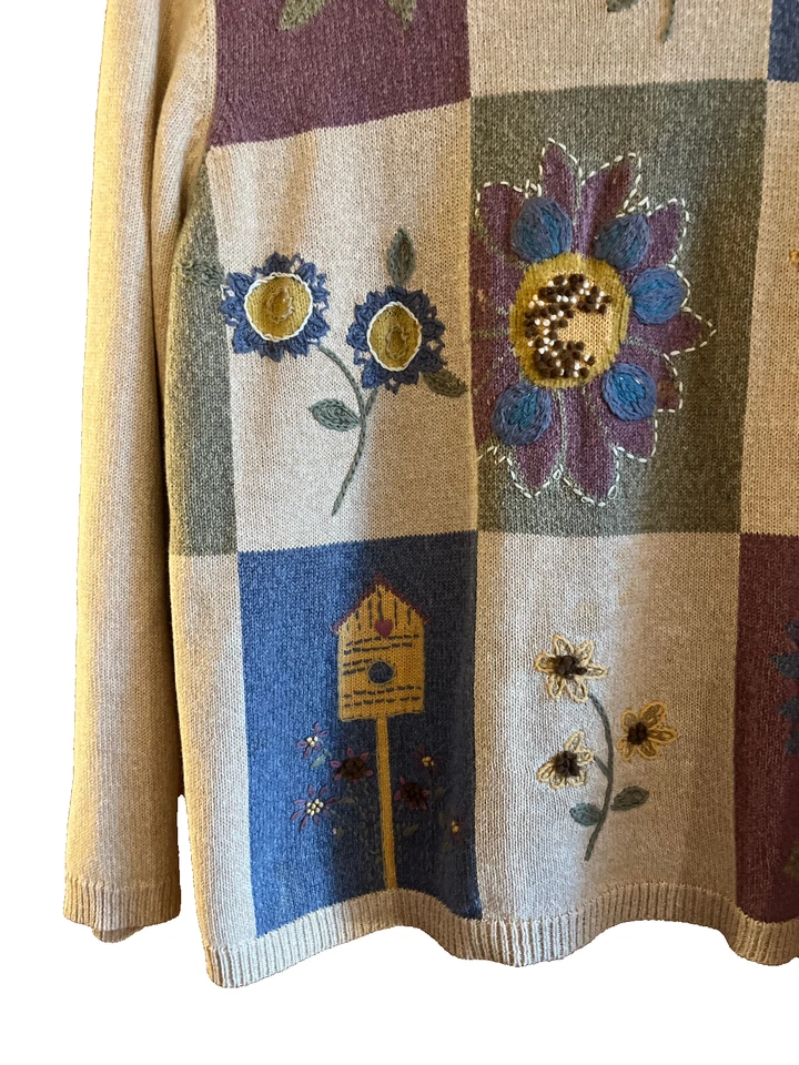 Женский свитер Granny Core Alfred Dunner XL бежевый сине-розовый цвет цветочный блок - Изображение 3 из 4