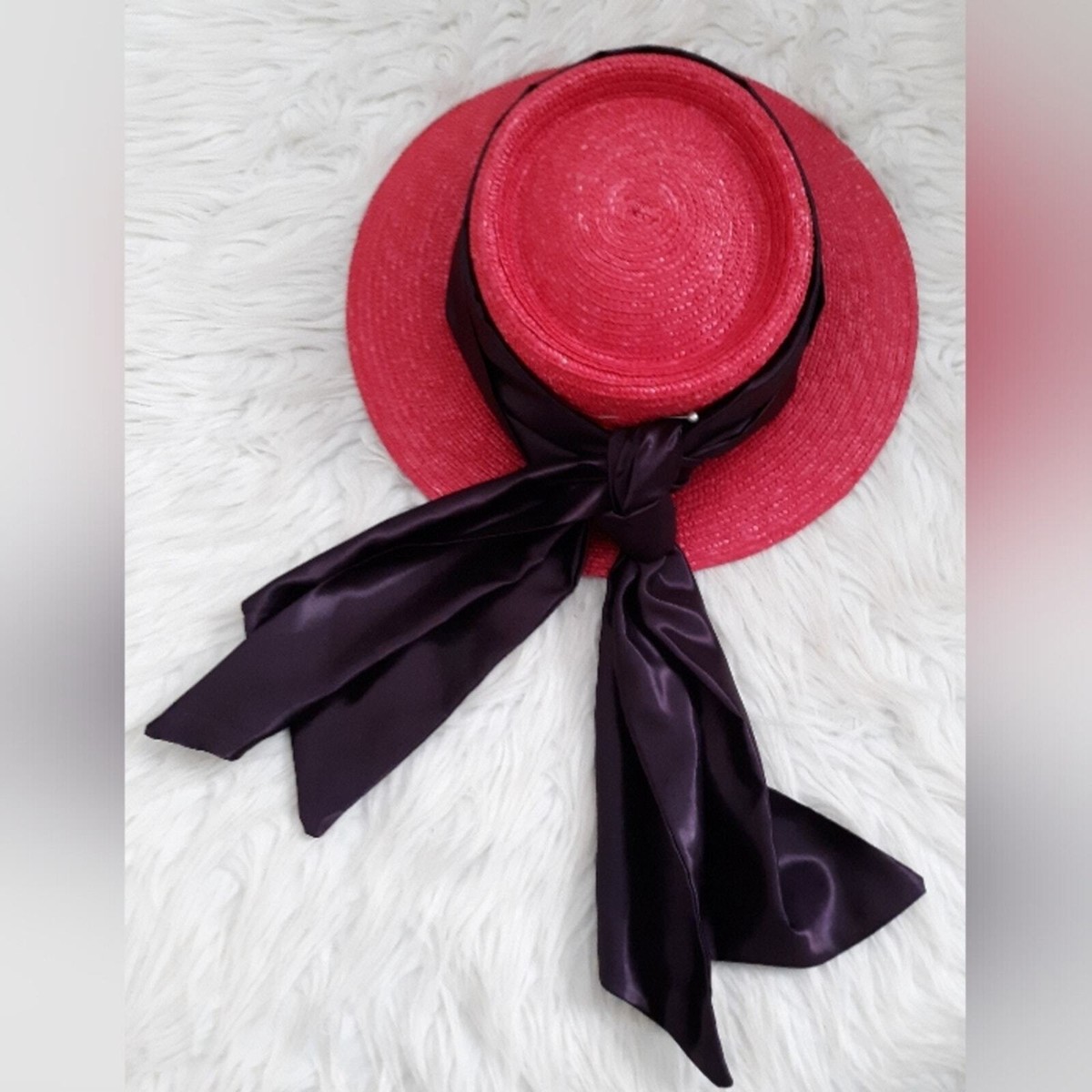 Vintage Betmar NY Pink Straw Purple Satin Bow Hat | eBay display picture 3