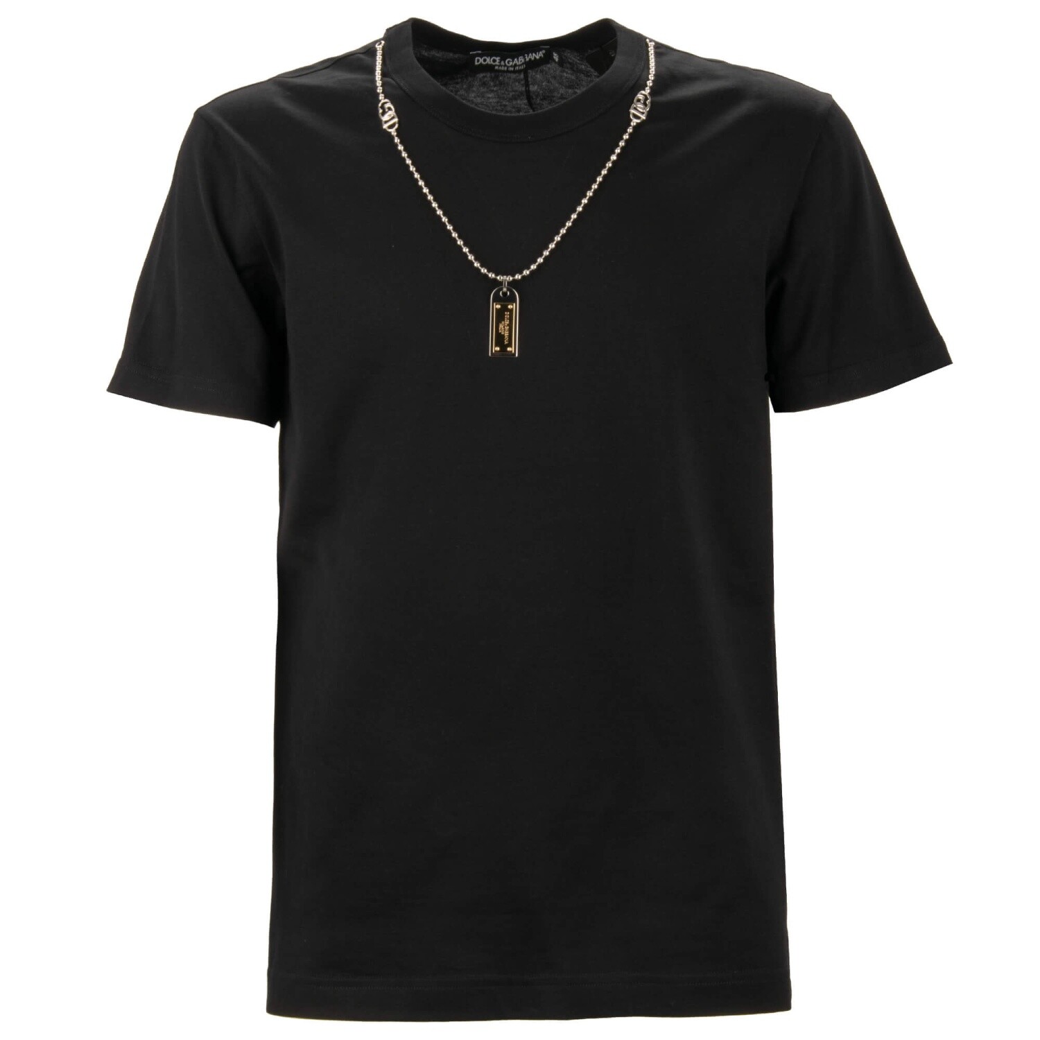 DOLCE & GABBANA DG Logo Pearl Silver Gold Chain Cotton T-Shirt Black