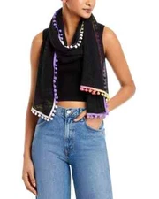 ECHO Womens Scarf Black Oversized Rectangle Pom Pom Lightweight Wrap $69 29x74