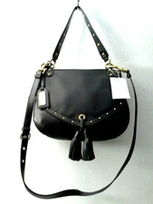 Badgley Mischka Estelle Tassel Shoulder Bag Satchel Handbag Black Leather $398