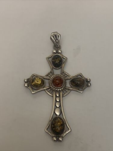 VINTAGE RUSSIAN AMBER AND SILVER FANCY CROSS. VERY