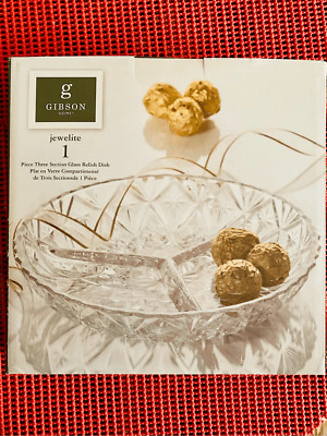 Gibson Home Jewelite Three Section Glass Relish Dish 8.75'' New In Box