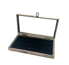 Pocket Watch Rustic Dark Oak Stained Glass Lid Black 12 Space Liner Display Case