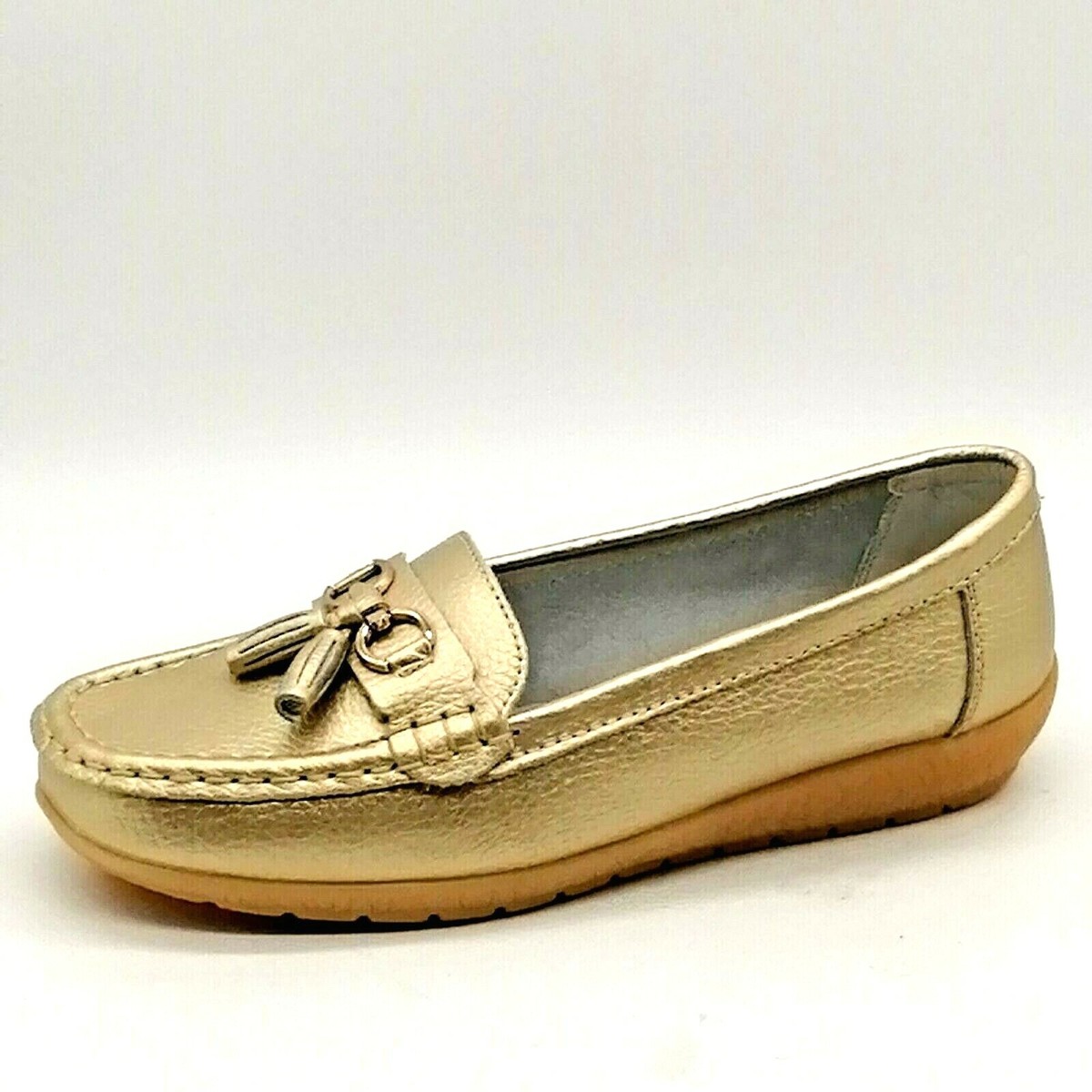 Womens Slip On Tassel Loafers Gold Wedge Heel Square Toe Cushioned