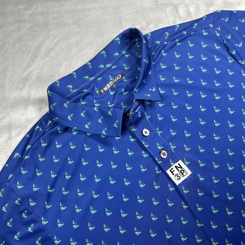 FN3P Golf Blue Green Sailboat Poly POLO SHIRT L Large Length 30