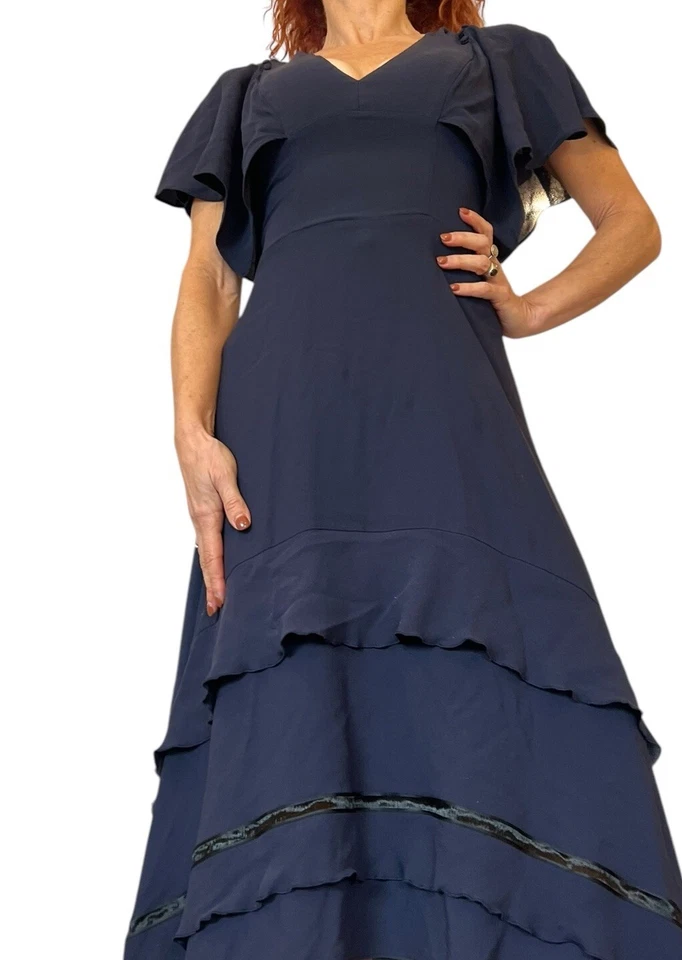 VESTIDO MIDI DEREK LAM SEDA AZUL MARINO VOLANTE ASIMÉTRICO CAPAS MANGA CORTA 2 Foto 4 de 4