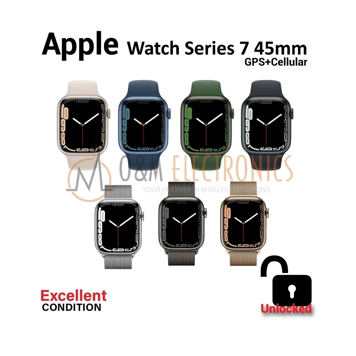 Apple Watch Series 7 45mm GPS+Cellular Aluminum /Stainless Steel Case- Excellent
