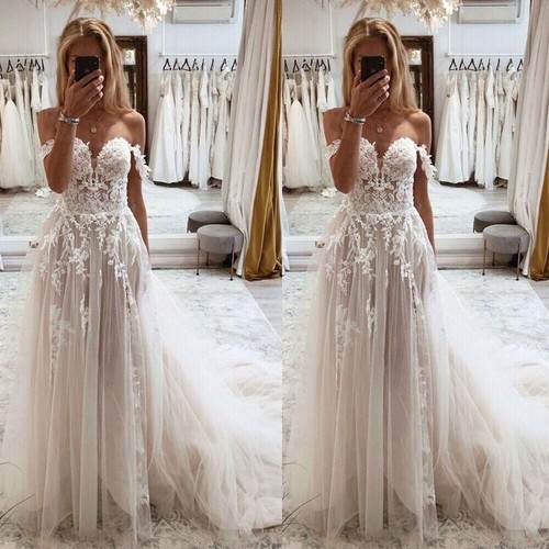 Boho Wedding Dresses Off The Shoulder Corset Lace Appliques Beach Bridal Gowns - Picture 8 of 9