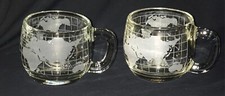SET 2 VINTAGE NESTLE NESCAFE GLASS COFFEE WORLD MUGS CUPS  GLOBE FROSTED ETCHED