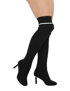 knee boots sock heel stripe celeb knit pull womens