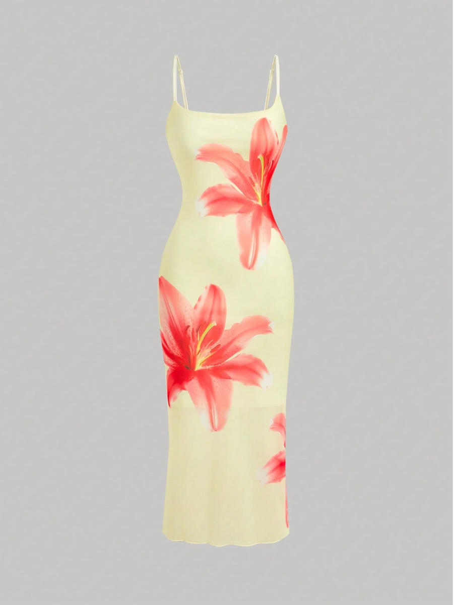 Yellow MOD Women's Elegant Floral Print Camisole Dress,Summer Dresses For  Women