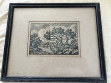 Birger SANDZEN Linocut Print Pencil Signed Blue Valley Farm Blue River