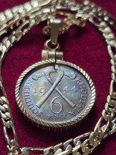1944 South Rhodesian Gold Toned Silver Sixpence Pendant w 24" Gold Filled Chain.